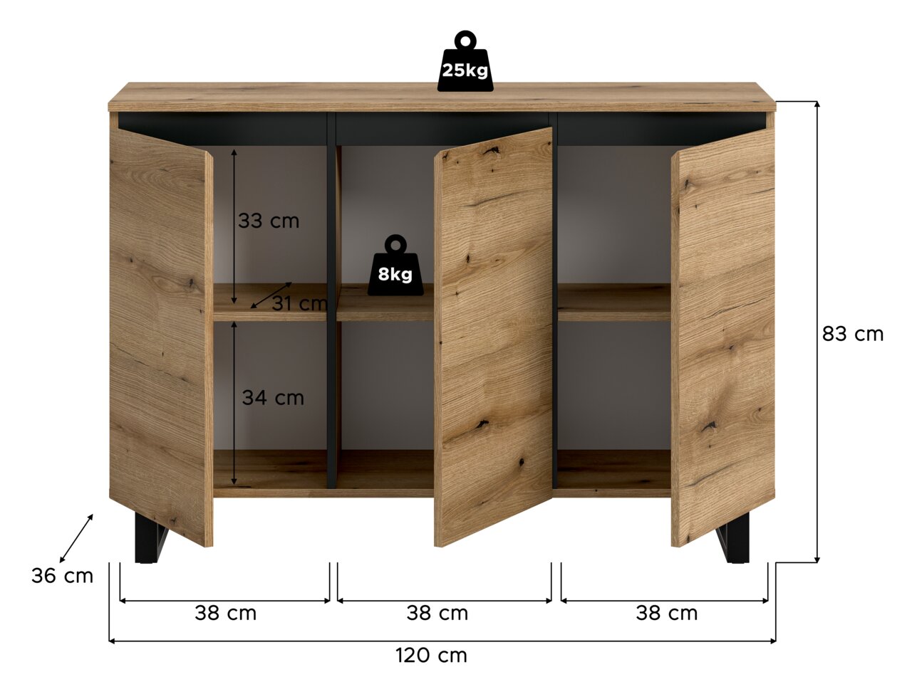 Frontale Ansicht eines Sideboards mit drei offenen Türen, Holzoptik, Maße: 120 cm Breite, 83 cm Höhe, 36 cm Tiefe.