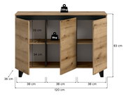 Frontale Ansicht eines Sideboards mit drei offenen Türen, Holzoptik, Maße: 120 cm Breite, 83 cm Höhe, 36 cm Tiefe.