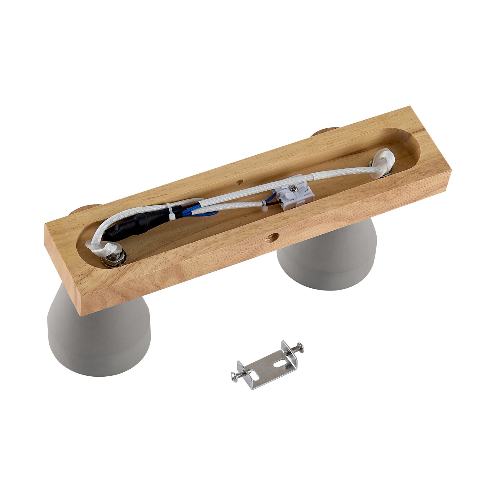 Deckenstrahler aus Holz und Metall mit sichtbarer Verkabelung, Ansicht von oben