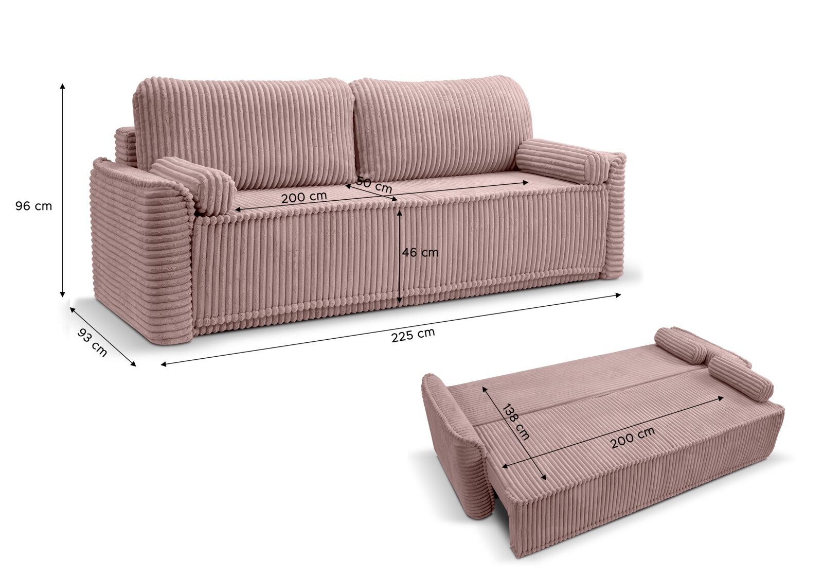 Schlafsofa 3 Sitzer in rosa Cordoptik, Vorderansicht und ausgeklappte Ansicht, Maße: 225 cm Breite, 96 cm Höhe, 93 cm Tiefe.