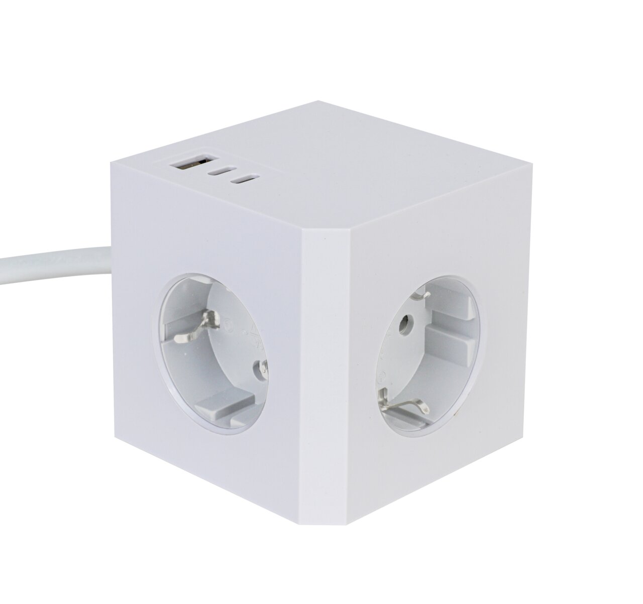 Mican Steckdosenwürfel PLUG BOX Weißer Steckdosenwürfel mit mehreren Steckplätzen und USB-Anschlüssen, seitliche Perspektive