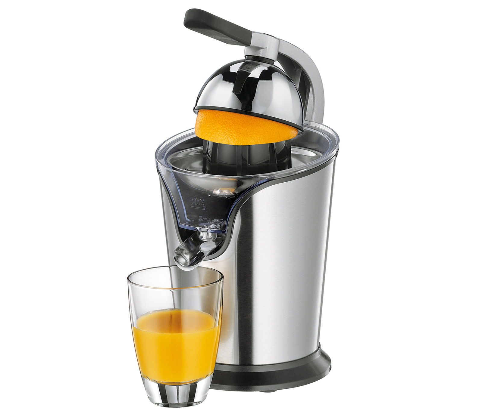 Elektrische Saftpresse Portofino aus Edelstahl mit Hebel, seitliche Perspektive, frischer Orangensaft im Glas