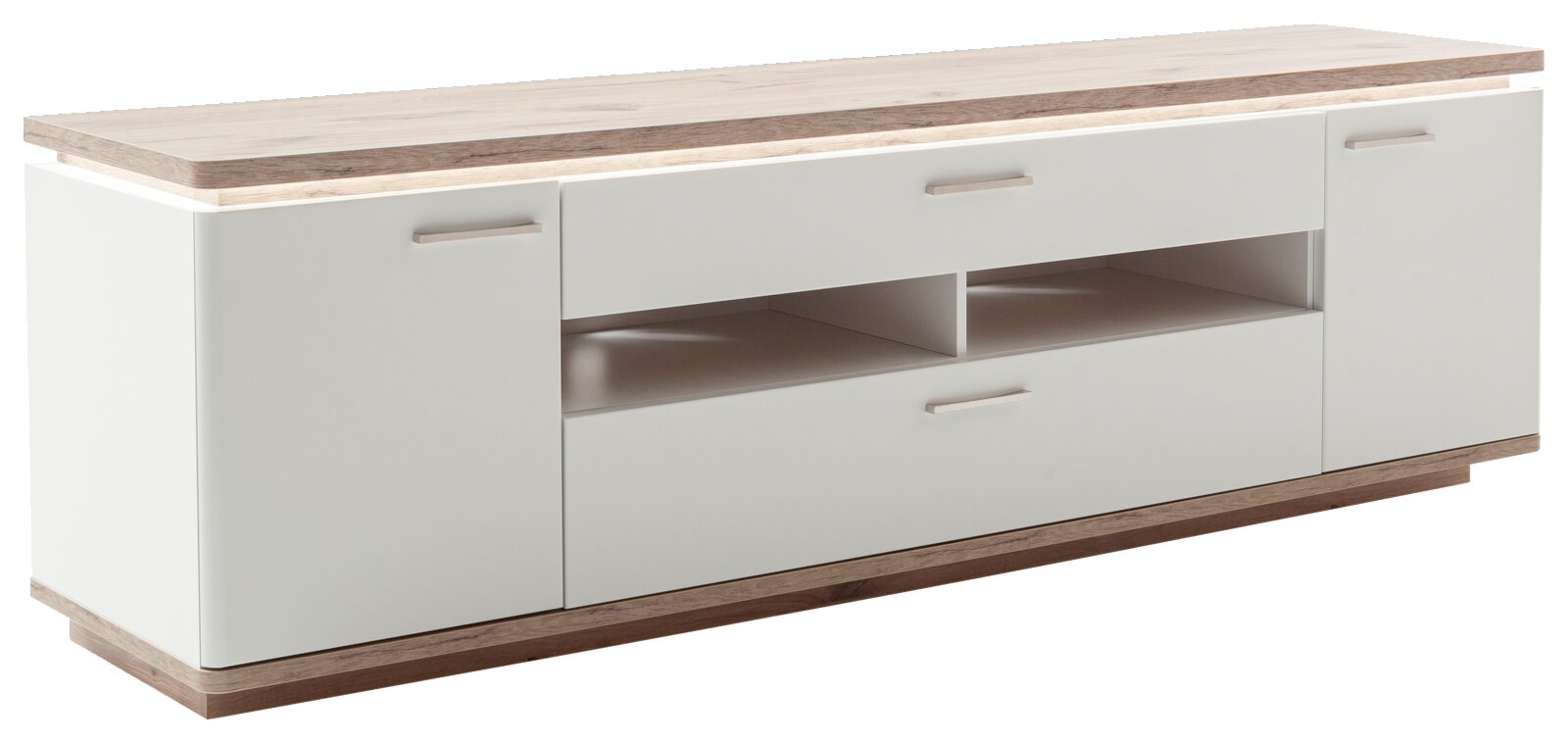 Modern dressoir/lowboard in wit met een blad en onderstel in houtlook, twee deuren, twee lades en open vakken met metalen handgrepen, vrijstaand tegen een witte achtergrond, perspectivisch aanzicht van voren, licht schuin