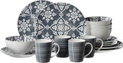 Kombiset Salina 16-tlg. mit floralem Muster in Blau und Weiß, bestehend aus Tellern, Schalen und Tassen, seitliche Perspektive