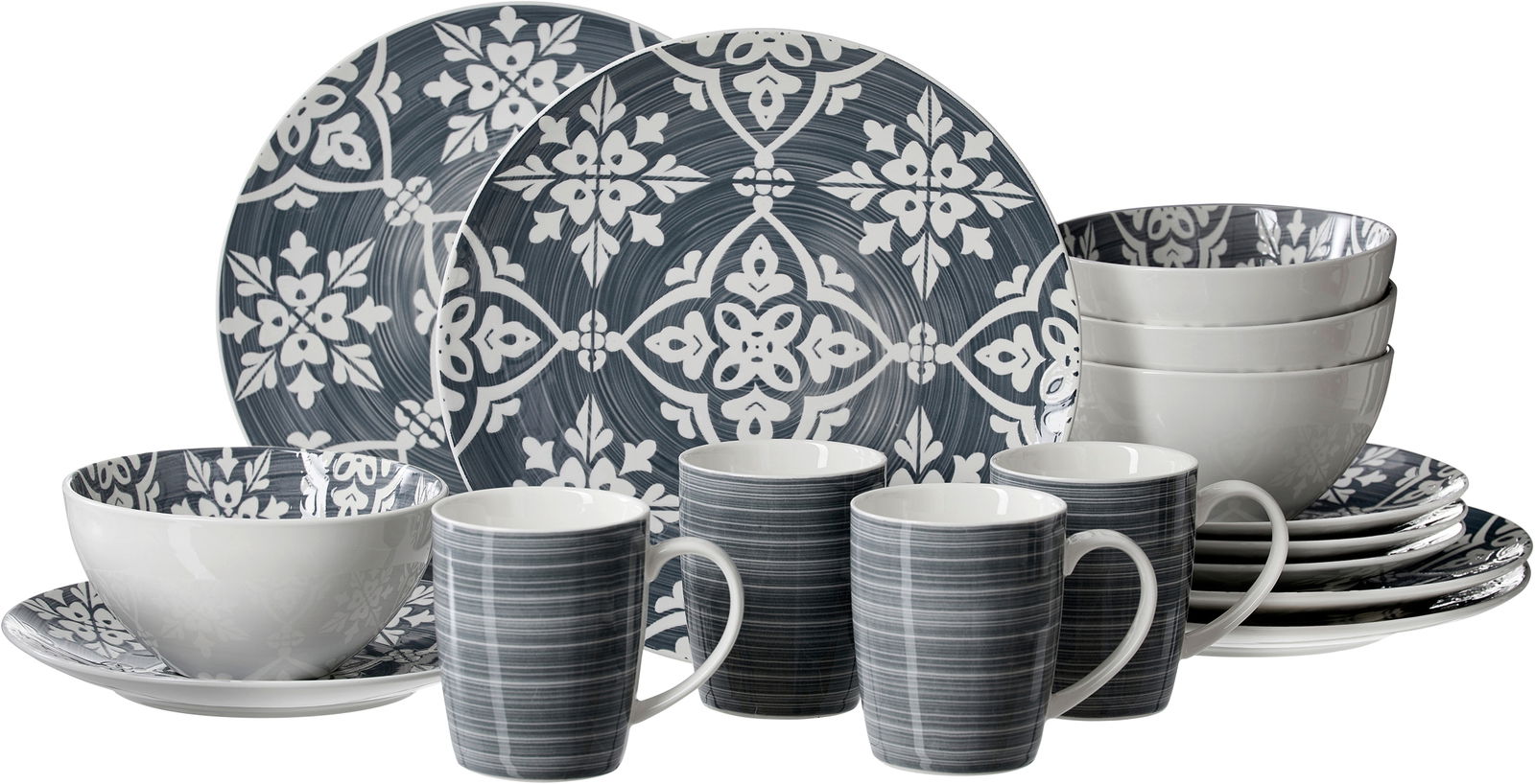 Kombiset Salina 16-tlg. mit floralem Muster in Blau und Weiß, bestehend aus Tellern, Schalen und Tassen, seitliche Perspektive