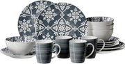 Salina-servies, 16-delig, met bloemmotief in blauw en wit, bestaande uit borden, schalen en kopjes, zijaanzicht