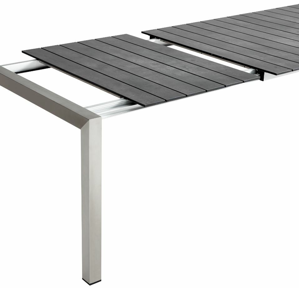 Moderner Ausziehtisch mit dunkler Tischplatte und Metallgestell, seitliche Perspektive