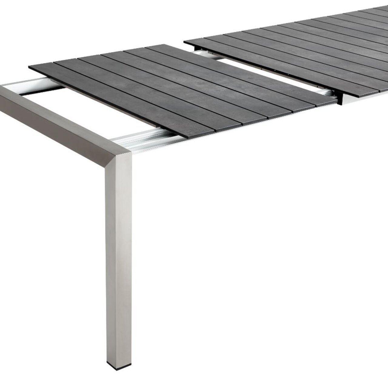 Moderner Ausziehtisch mit dunkler Tischplatte und Metallgestell, seitliche Perspektive