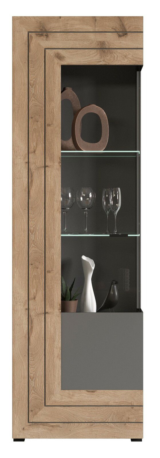 Vitrine aus Holz mit Glastüren, dekoriert mit Gläsern und Keramikobjekten, seitliche Perspektive