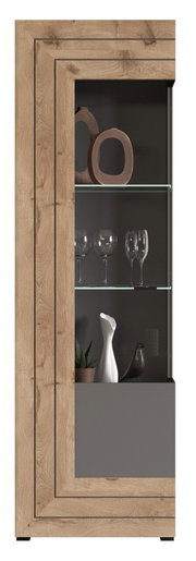 Vitrine aus Holz mit Glastüren, dekoriert mit Gläsern und Keramikobjekten, seitliche Perspektive