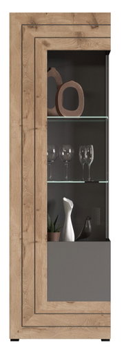 Vitrine aus Holz mit Glastüren, dekoriert mit Gläsern und Keramikobjekten, seitliche Perspektive