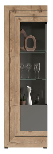 Vitrine aus Holz mit Glastüren, dekoriert mit Gläsern und Keramikobjekten, seitliche Perspektive