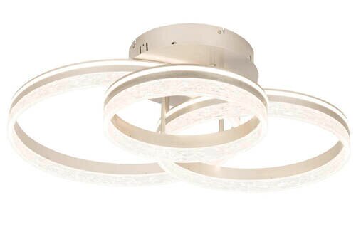 Moderne LED-Deckenleuchte mit drei ineinander verschlungenen Leuchtringen, seitliche Perspektive