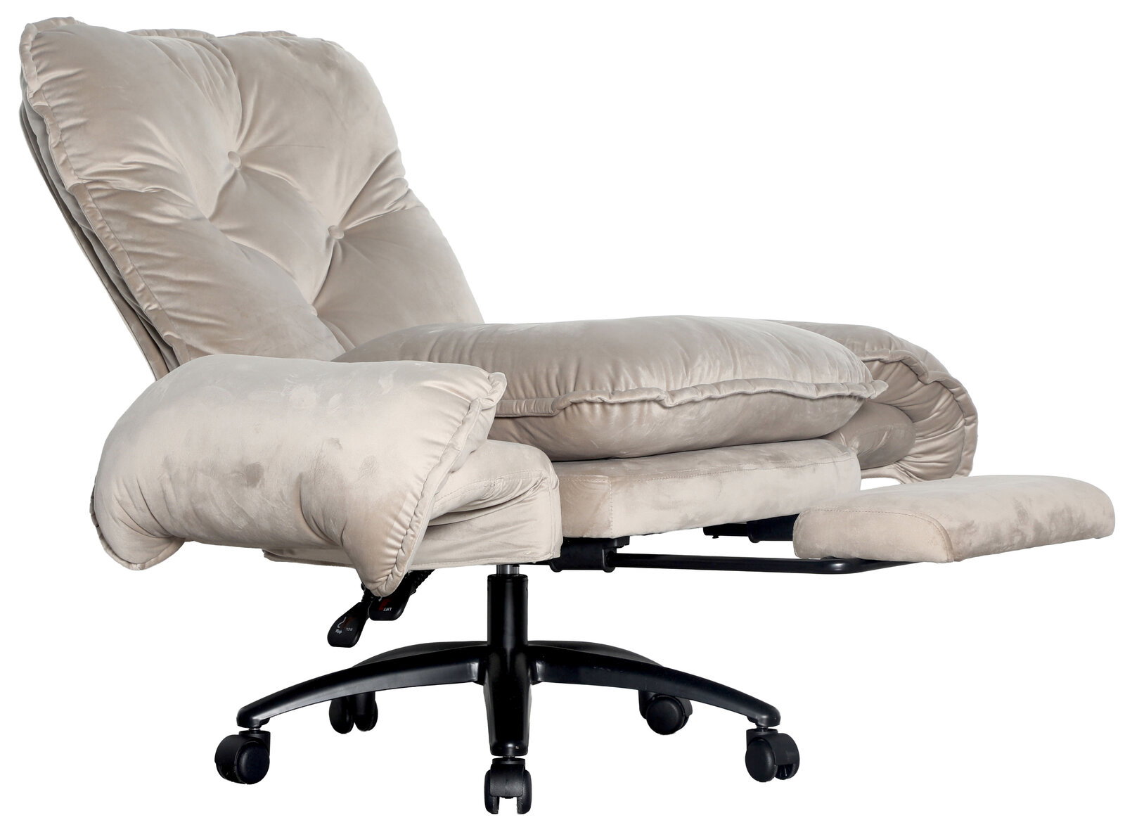 Beiger Chefsessel mit weicher Polsterung und verstellbarer Fußstütze, seitliche Perspektive