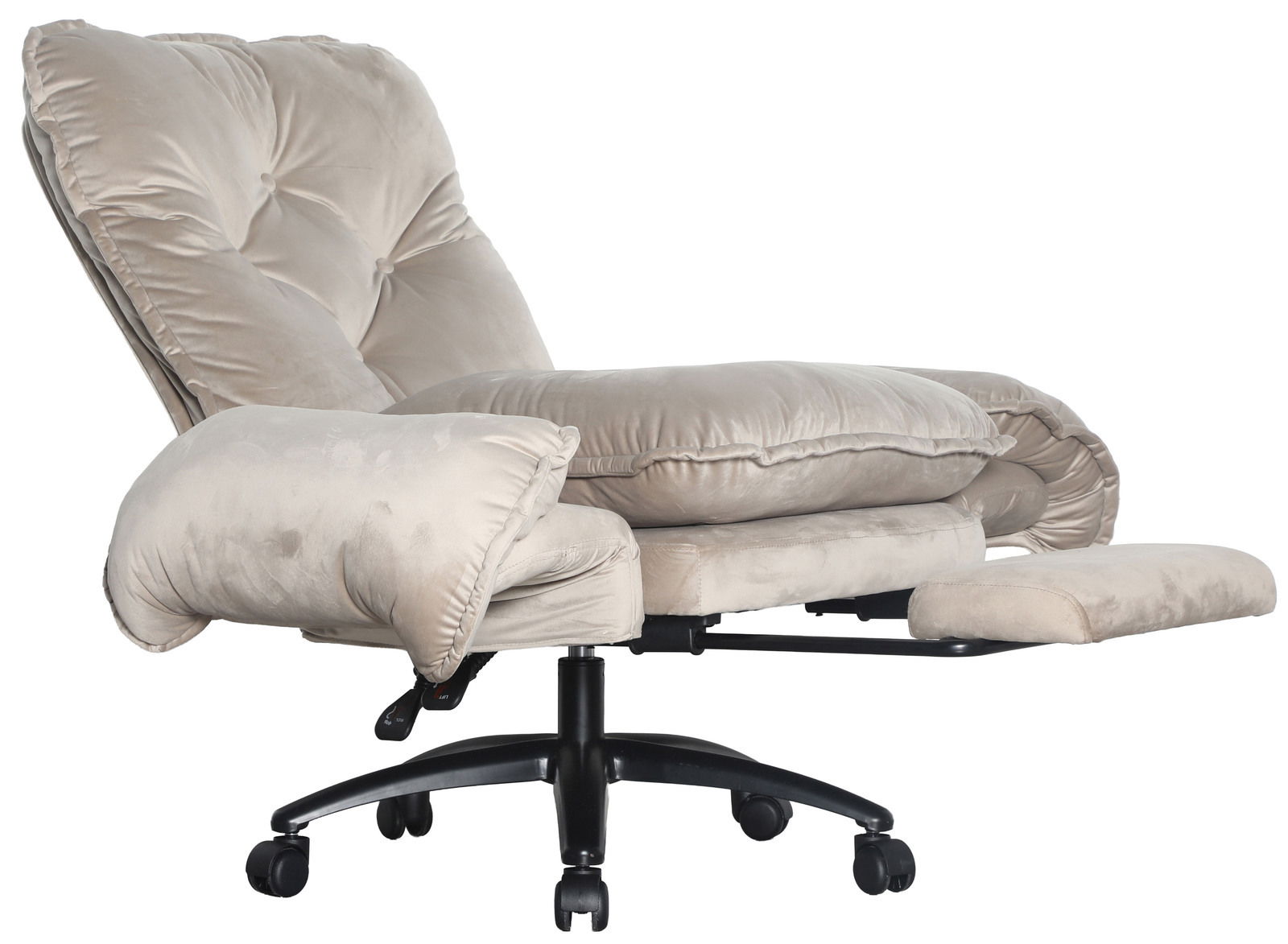 Beiger Chefsessel mit weicher Polsterung und verstellbarer Fußstütze, seitliche Perspektive