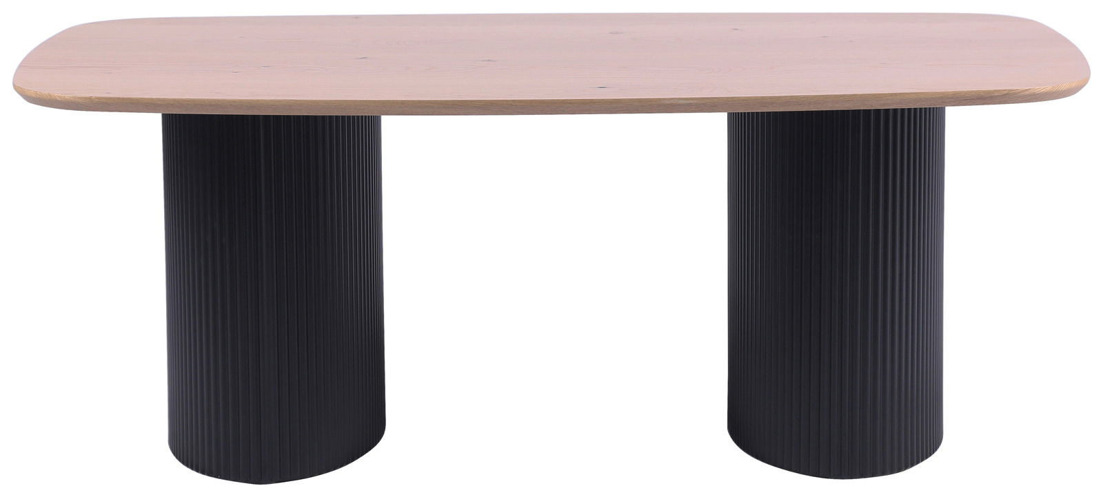 Moderner Couchtisch mit ovaler Holzplatte und zwei schwarzen, geriffelten Säulenbeinen, Frontalansicht.