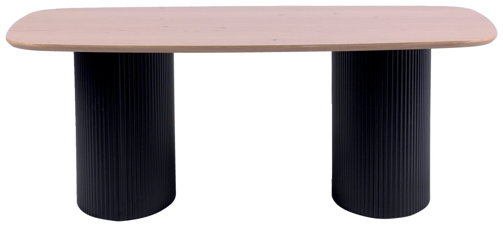 Moderne salontafel met een ovaal houten blad en twee zwarte, geribbelde kolomvormige poten, gezien van voren.
