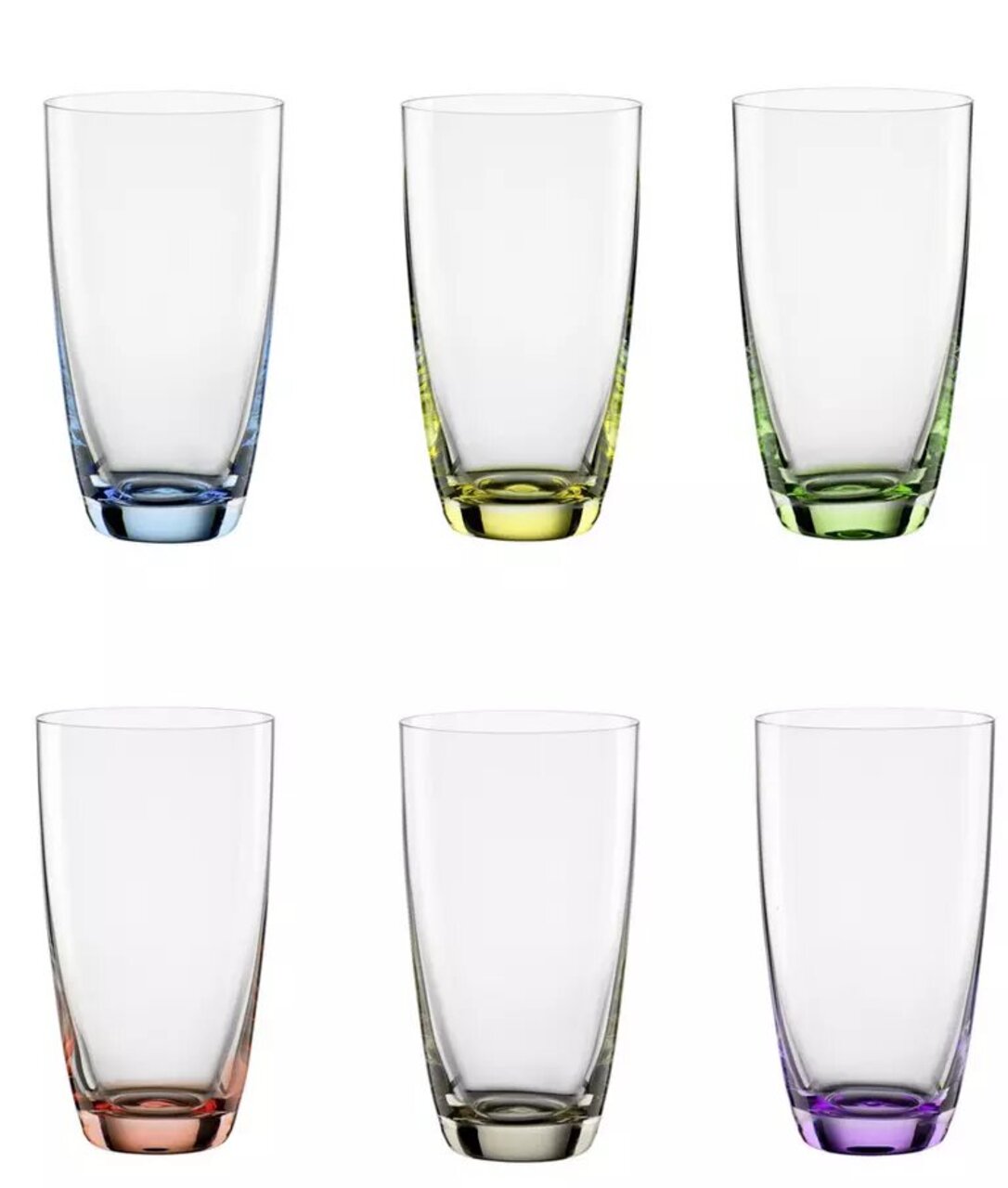 Sechs Longdrinkbecher Viva Colori in verschiedenen Farben, von vorne betrachtet.