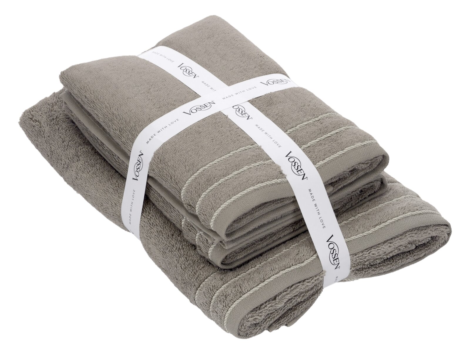 Grau-beiges Vossen Handtuch-Set, gefaltet und mit weißem Markenband gebunden, in schräger Draufsicht (3/4-Perspektive) vor weißem Hintergrund