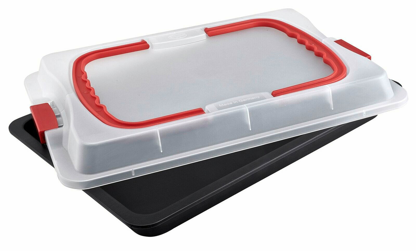 Backblech 29x42cm Bake&Go mit rotem Griff und transparentem Deckel, seitliche Perspektive