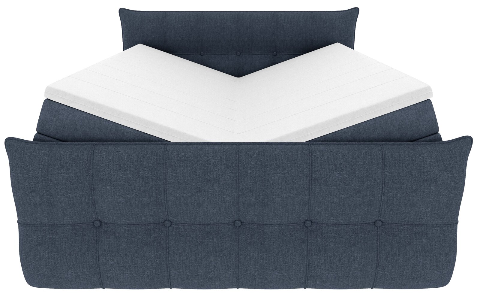 Blaues, gepolstertes Polsterbett mit stoffbezogenem Kopf- und Fußteil in Knopfheftung und weißer, V-förmig verstellter Matratze, Frontansicht.