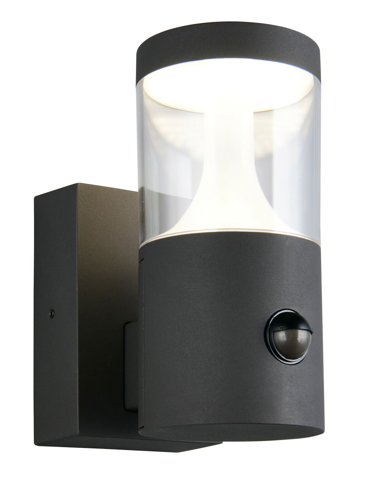 Moderne LED-Außenwandleuchte in zylindrischer Form mit Bewegungssensor, seitliche Perspektive