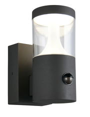 Moderne LED-Außenwandleuchte in zylindrischer Form mit Bewegungssensor, seitliche Perspektive