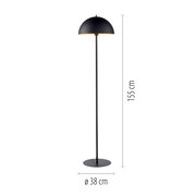 Schwarze Stehleuchte mit halbkugelförmigem Lampenschirm und rundem Standfuß, Höhe 155 cm und Durchmesser 38 cm, frontal in Seitenansicht freigestellt auf weißem Hintergrund
