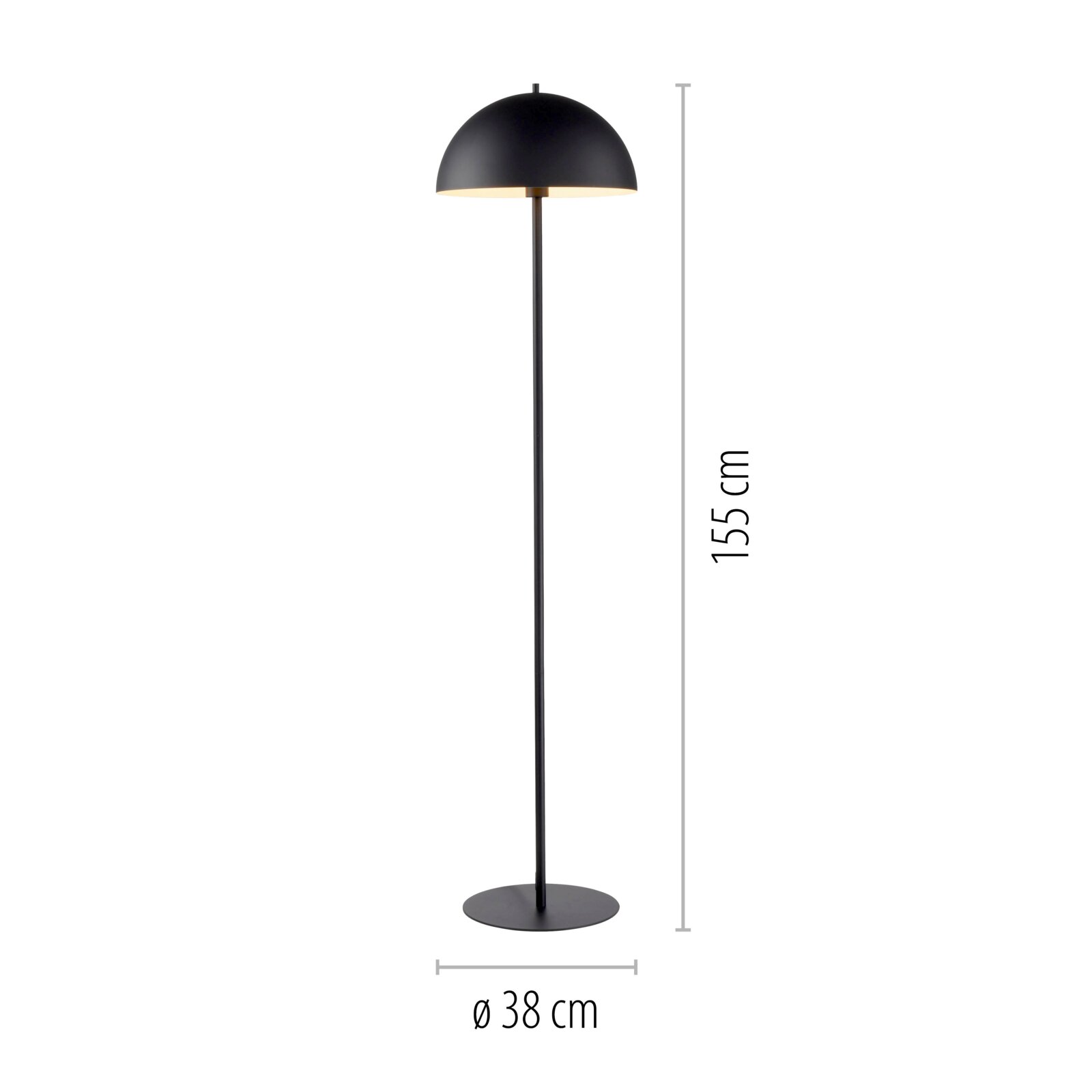 Schwarze Stehleuchte mit halbkugelförmigem Lampenschirm und rundem Standfuß, Höhe 155 cm und Durchmesser 38 cm, frontal in Seitenansicht freigestellt auf weißem Hintergrund