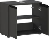 Offener Waschbeckenunterschrank in dunkler Farbe mit zwei Türen und einem Regalbrett, perspektivisch von vorne rechts gesehen.