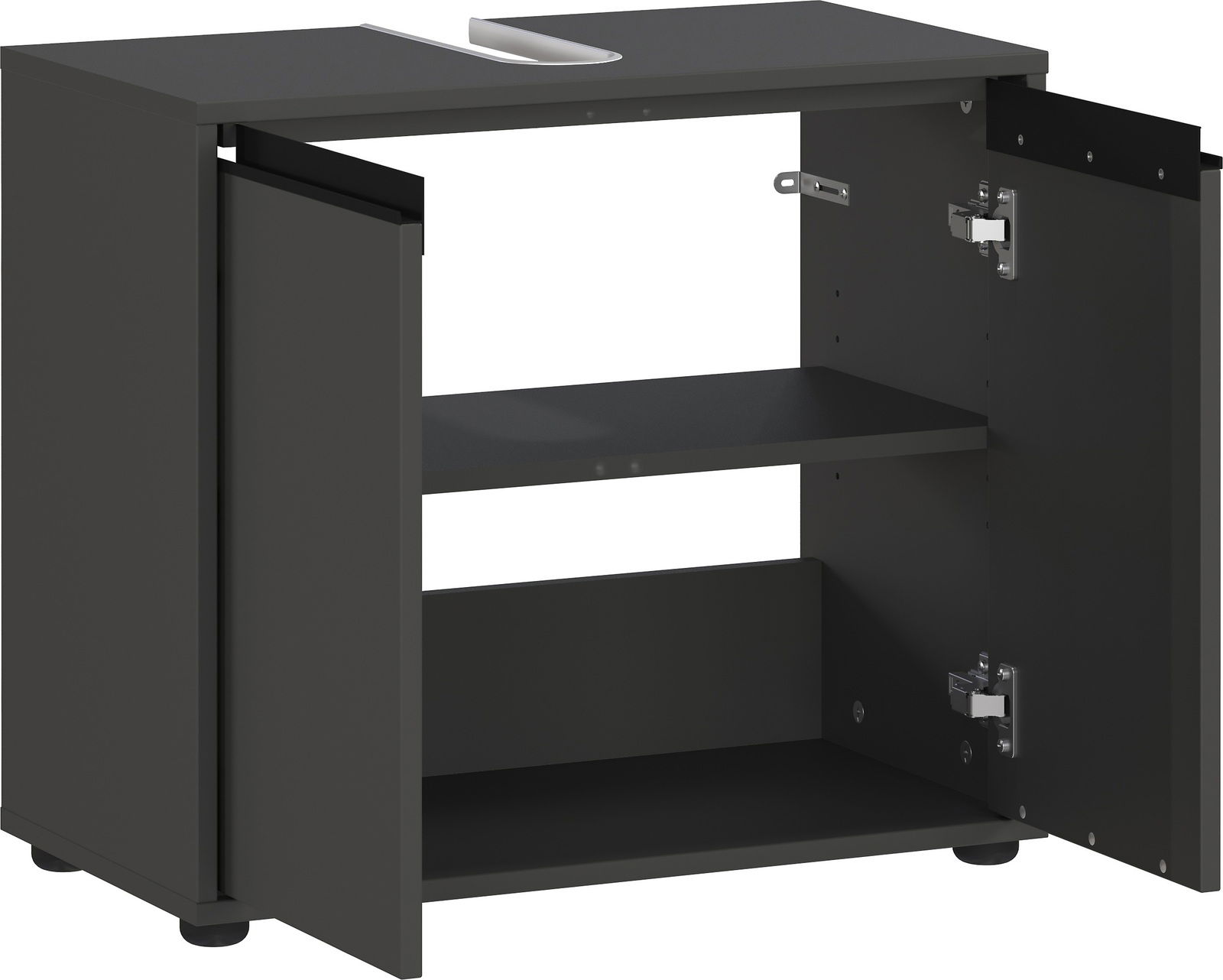 Offener Waschbeckenunterschrank in dunkler Farbe mit zwei Türen und einem Regalbrett, perspektivisch von vorne rechts gesehen.
