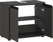 Offener Waschbeckenunterschrank in dunkler Farbe mit zwei Türen und einem Regalbrett, perspektivisch von vorne rechts gesehen.