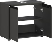 Offener Waschbeckenunterschrank in dunkler Farbe mit zwei Türen und einem Regalbrett, perspektivisch von vorne rechts gesehen.