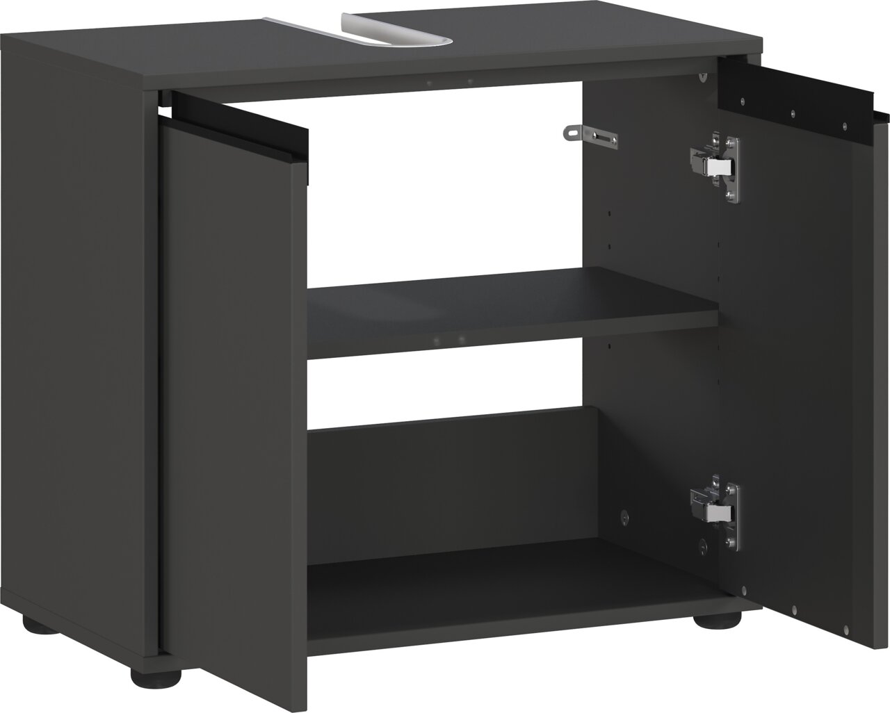 Offener Waschbeckenunterschrank in dunkler Farbe mit zwei Türen und einem Regalbrett, perspektivisch von vorne rechts gesehen.
