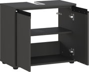 Offener Waschbeckenunterschrank in dunkler Farbe mit zwei Türen und einem Regalbrett, perspektivisch von vorne rechts gesehen.