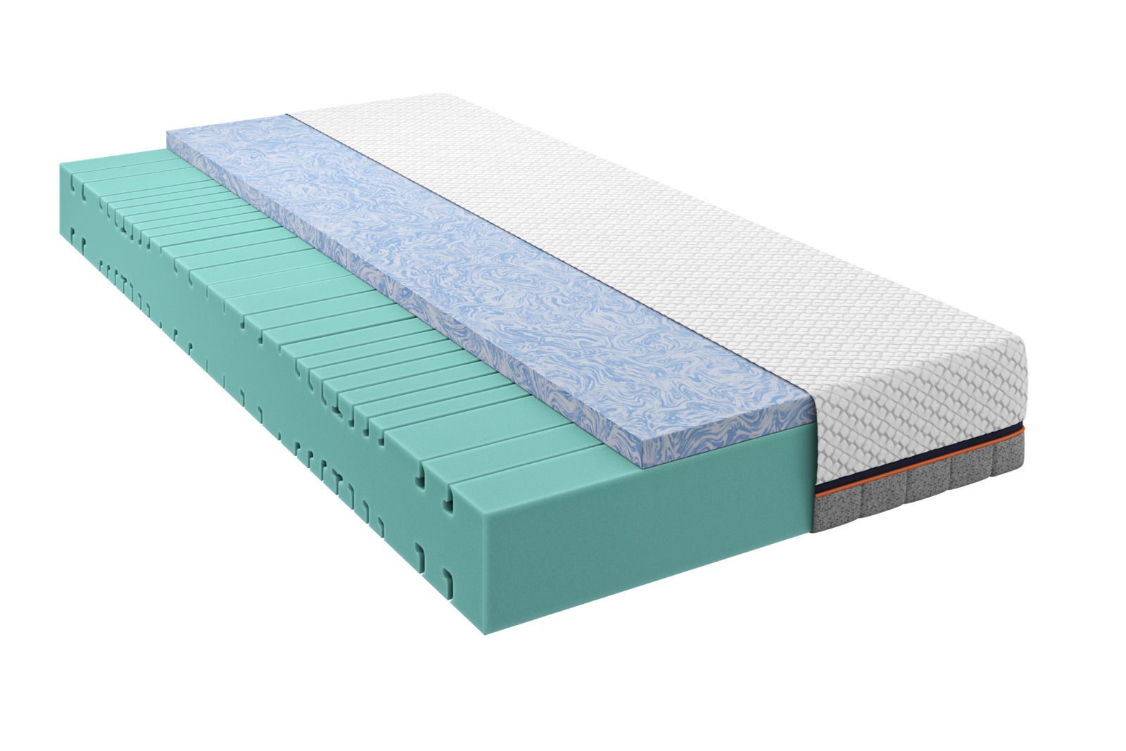 Schlaraffia Kaltschaummatratze H2 PULSE 220 KS Querschnitt einer Kaltschaummatratze mit mehreren Schichten, darunter eine grüne Schaumstoffschicht, eine blaue gemusterte Schicht und eine weiße Oberflächenschicht. Perspektive von der Seite.