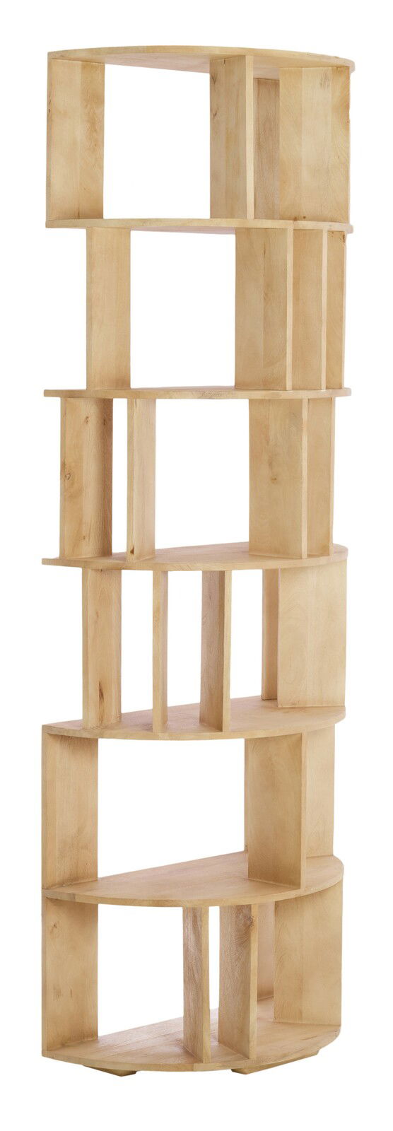 Holzregal mit mehreren offenen Fächern, aus hellem Holz gefertigt, in einer frontalen Perspektive.