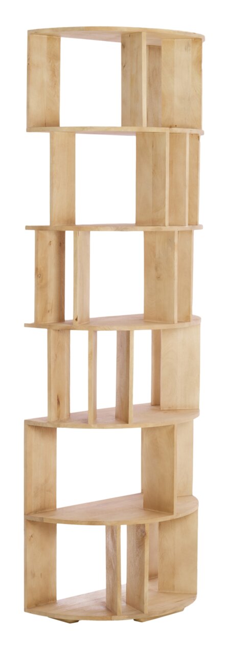 Houten plank met meerdere open vakken, gemaakt van licht hout, gezien van voren.