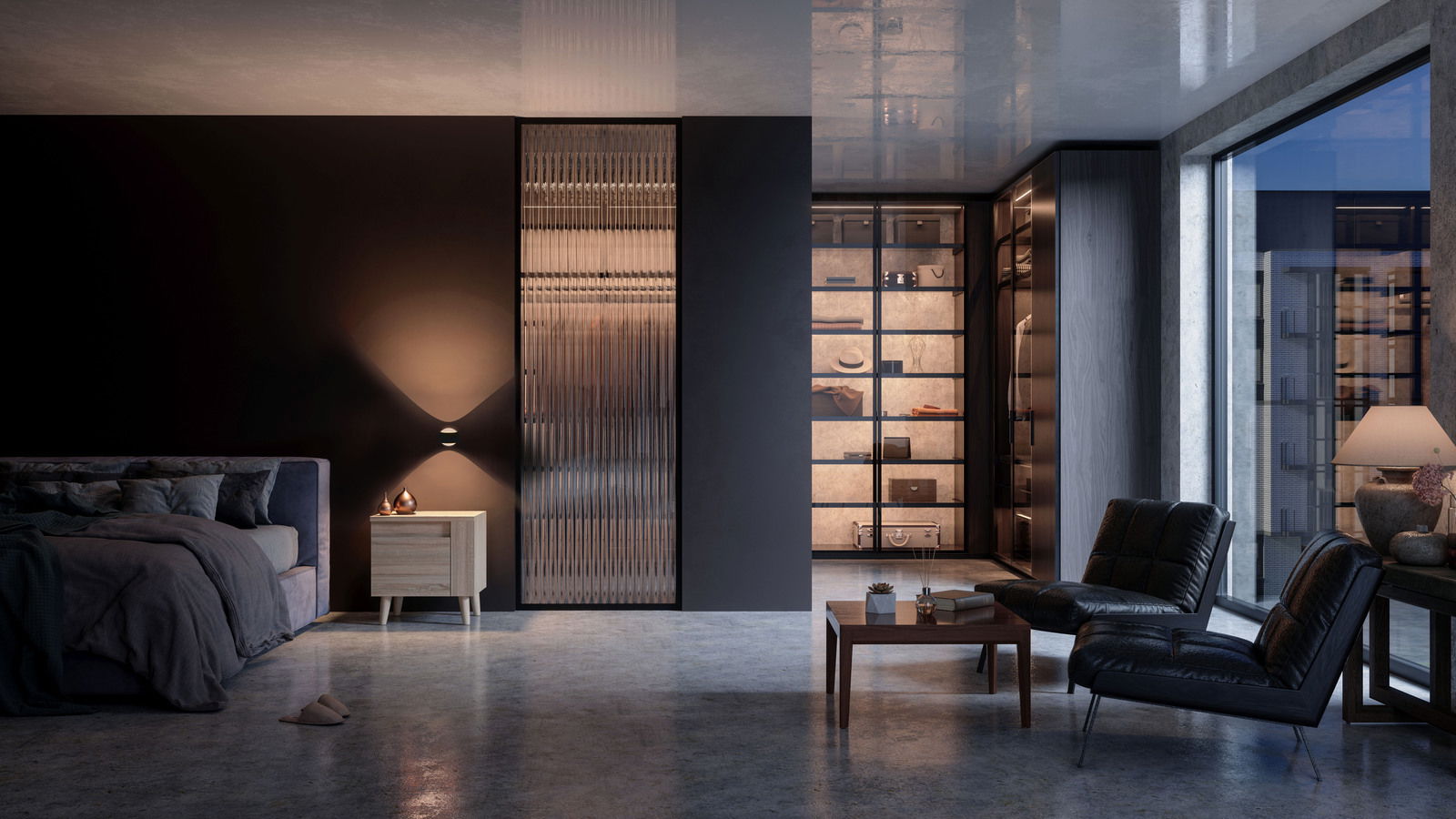 Moderne LED Wandleuchte in einem stilvollen Schlafzimmer, seitliche Perspektive