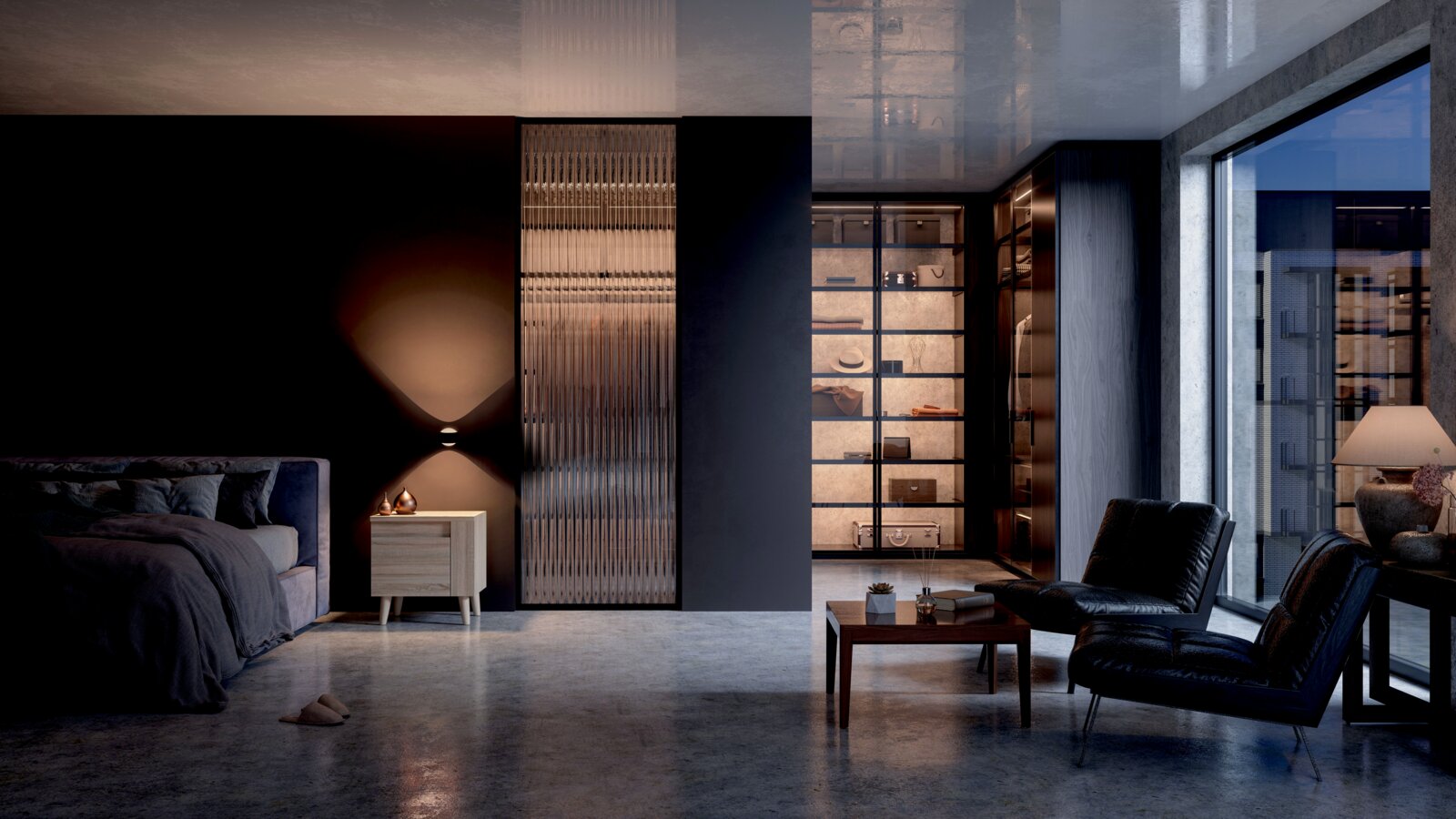 Moderne LED Wandleuchte in einem stilvollen Schlafzimmer, seitliche Perspektive