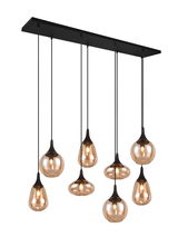 Moderne Pendelleuchte Lumina mit sieben bernsteinfarbenen Glaskugeln, hängend an schwarzen Kabeln, seitliche Perspektive