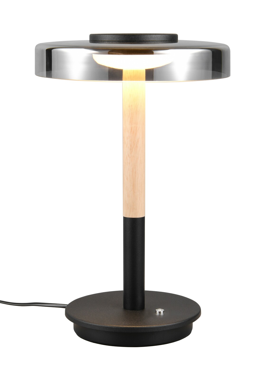 Trio Leuchten Tischleuchte CELESTE Moderne Tischleuchte Celeste mit rundem, schwarzem Sockel, hellem Holzstab und flachem, silbernem Lampenschirm, seitliche Perspektive.