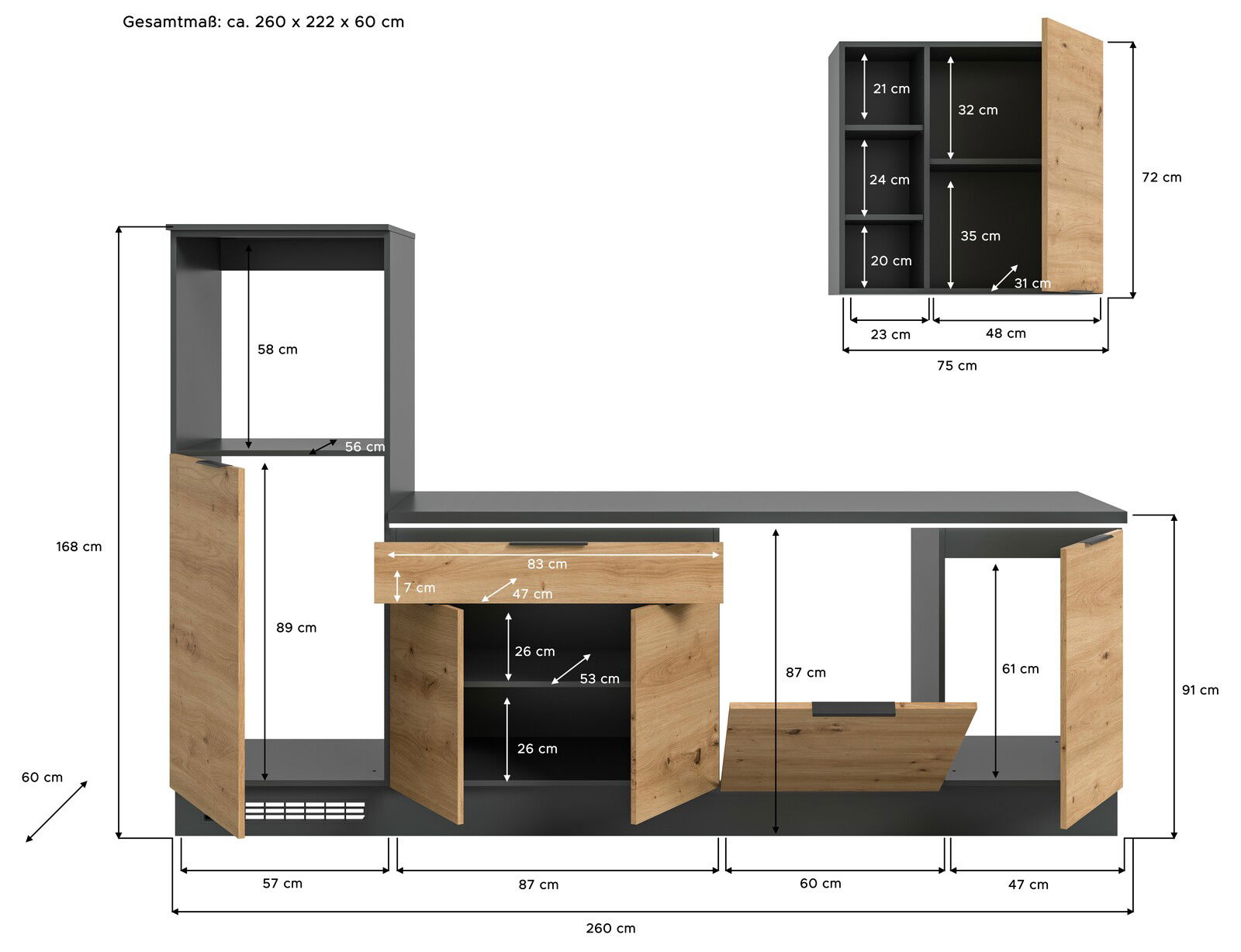 Küchenblock 260 in Frontansicht mit offenen Schränken und Schubladen, Maße ca. 260 x 222 x 60 cm, in Holzoptik und dunklem Grau.