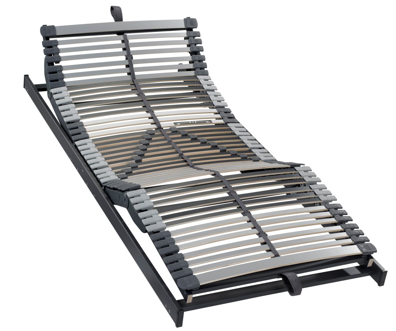 Federholzrahmen in schräger Perspektive, mit verstellbaren Latten und grauen Kunststoffelementen.