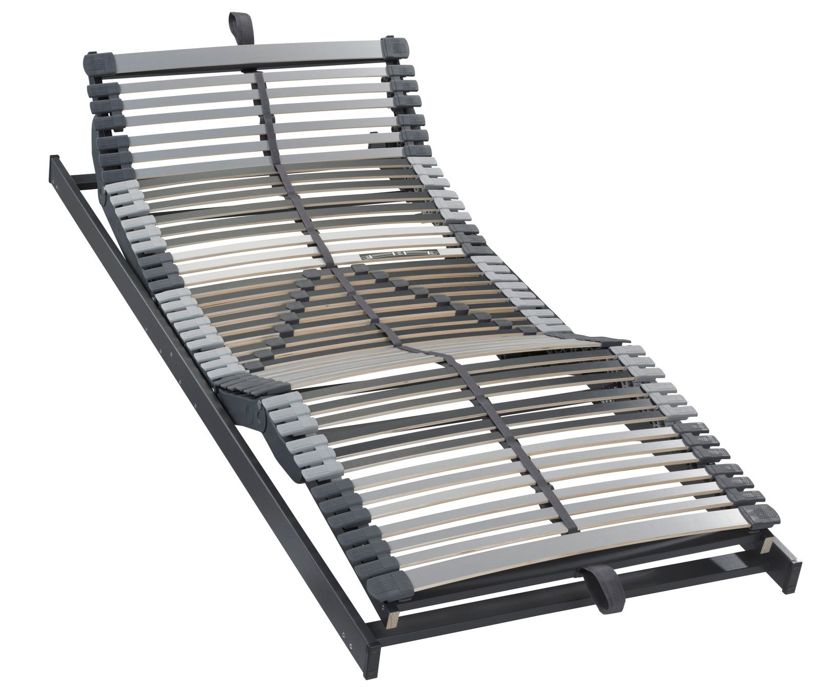 Federholzrahmen in schräger Perspektive, mit verstellbaren Latten und grauen Kunststoffelementen.