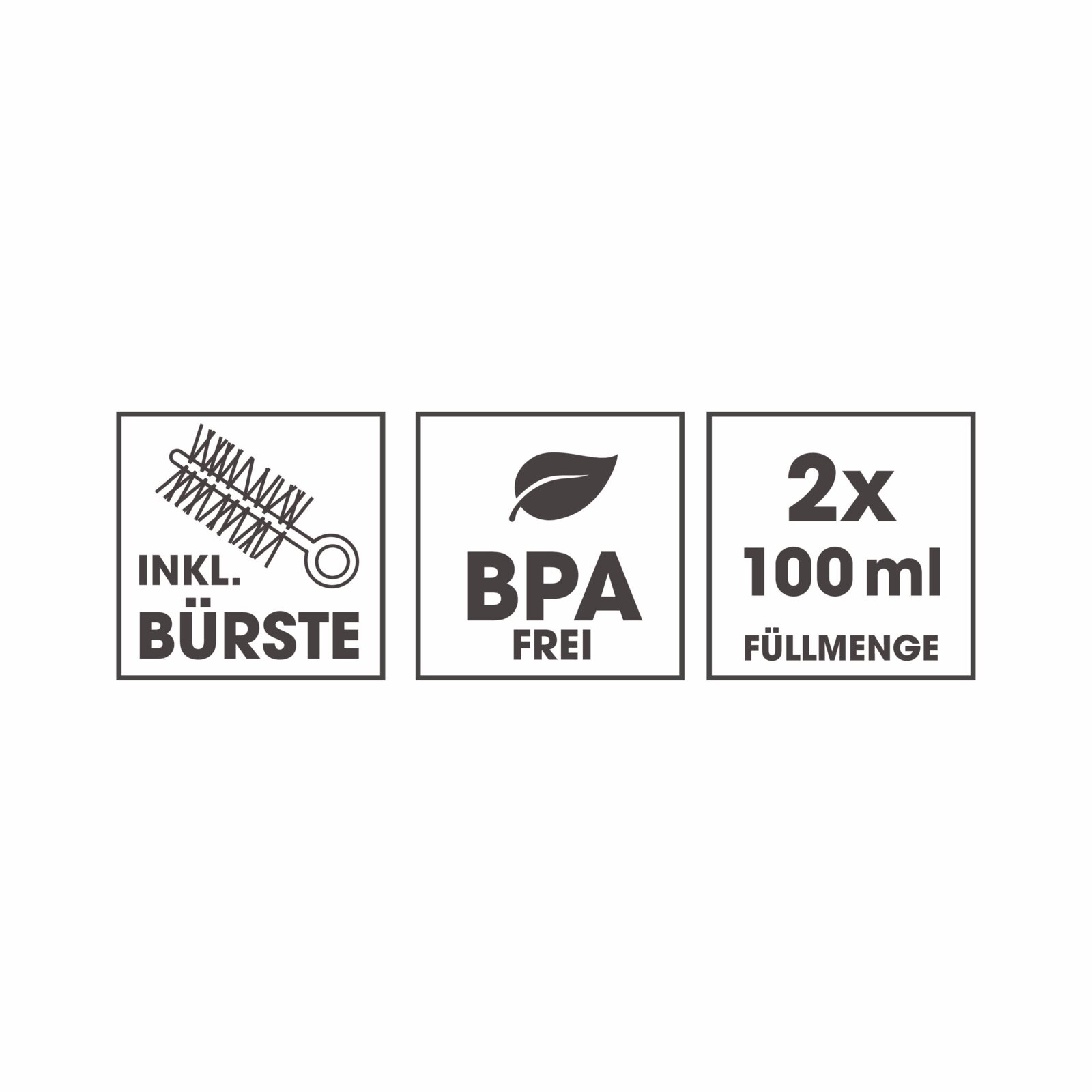 Frontalansicht dreier Produktmerkmale: inklusive Bürste, BPA-frei und zweimal 100 ml Füllmenge.