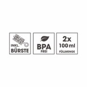 Frontalansicht dreier Produktmerkmale: inklusive Bürste, BPA-frei und zweimal 100 ml Füllmenge.