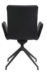 Rückansicht eines schwarzen Armlehnstuhls mit vier Beinen und modernem Design.