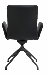 Rückansicht eines schwarzen Armlehnstuhls mit vier Beinen und modernem Design.