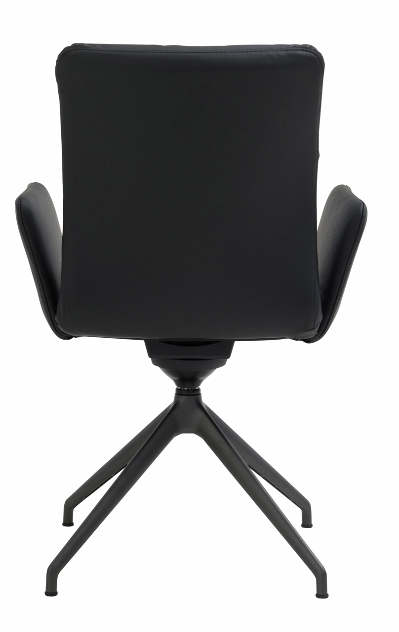 Rückansicht eines schwarzen Armlehnstuhls mit vier Beinen und modernem Design.
